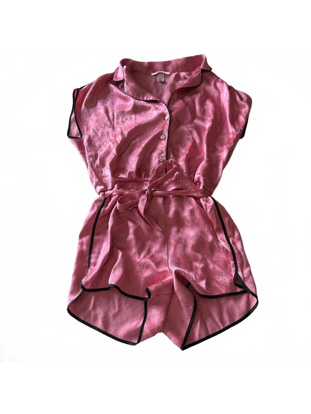 Victoria's Secret Satin Logo Printed Pajama Romper Sz S Pink Belted